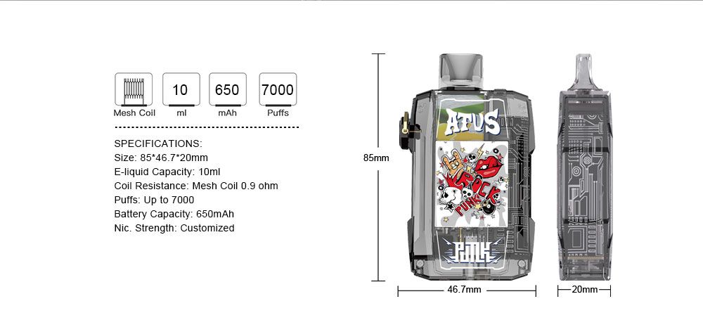 DE012 California CA USA 7000 Puffs Disposable Vapes with rechargeable and adjustable airflow ATVS Vape