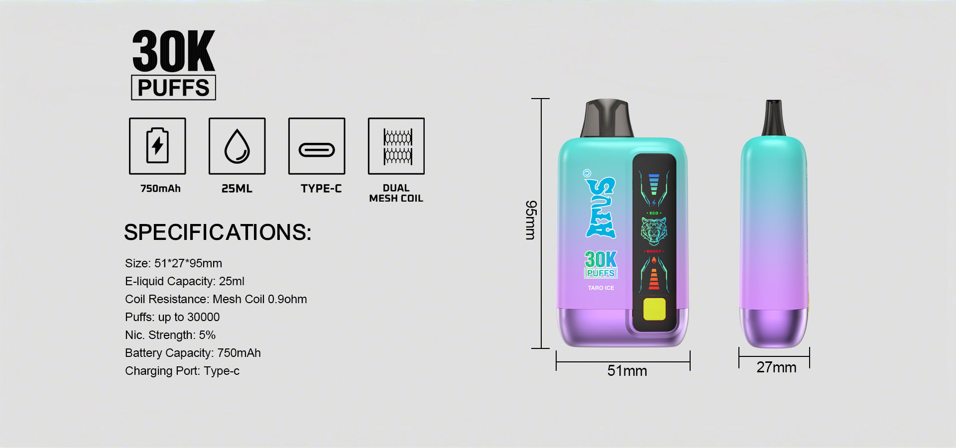 DE026 California CA USA 30000 Puffs Disposable Vape with LED display screen and adjustable airflow ATVS Vape