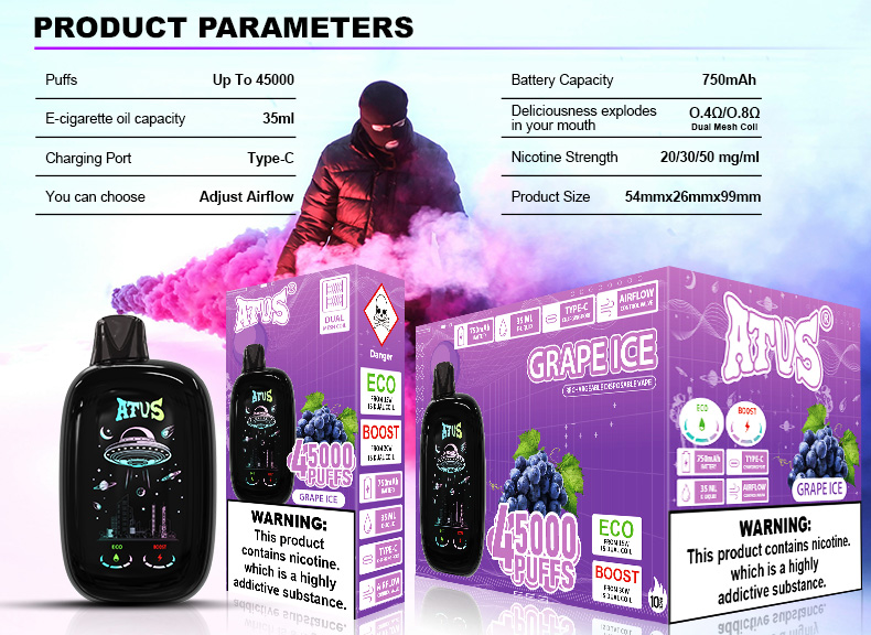 DE027 California CA USA 45000 Puffs Disposable Vape with rechargeable and adjustable airflow ATVS Vape